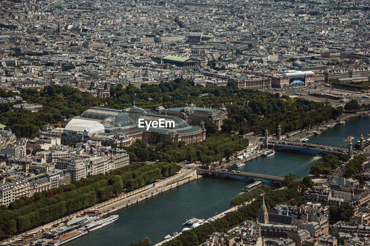 Grand and petit palais seen from the eiffel tower top in paris. the famous capital of france.