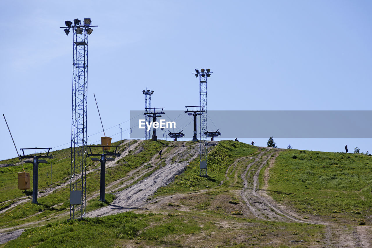 WIND TURBINES ON LAND AGAINST CLEAR SKY