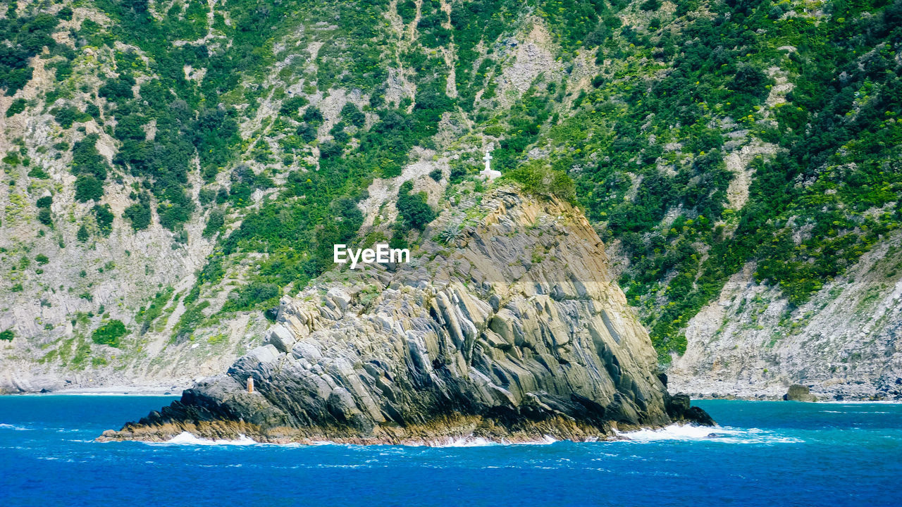 Scenic view of sea by rocks