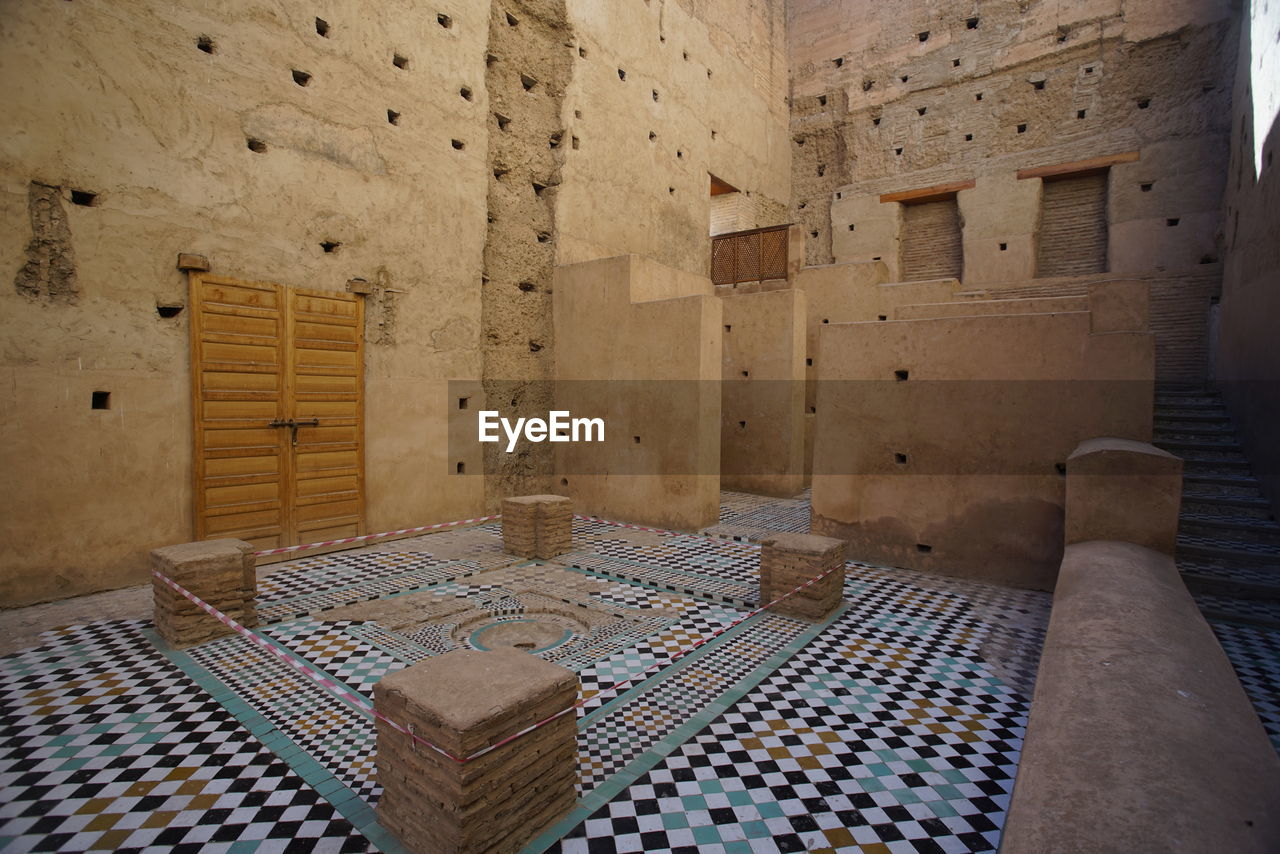 Ruins of el badii palace interior details in marrakech