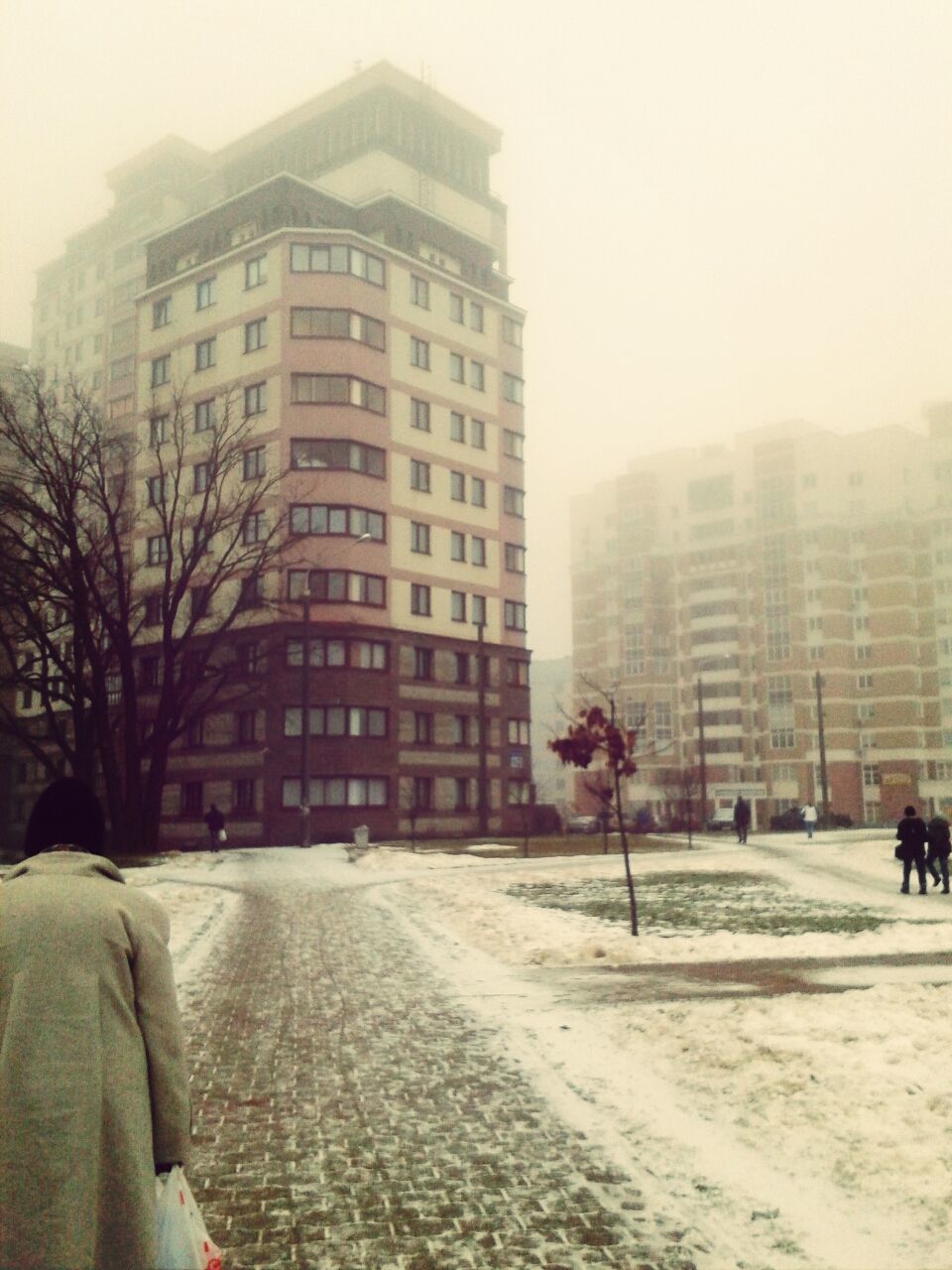 Low angle view of buildings with winter season