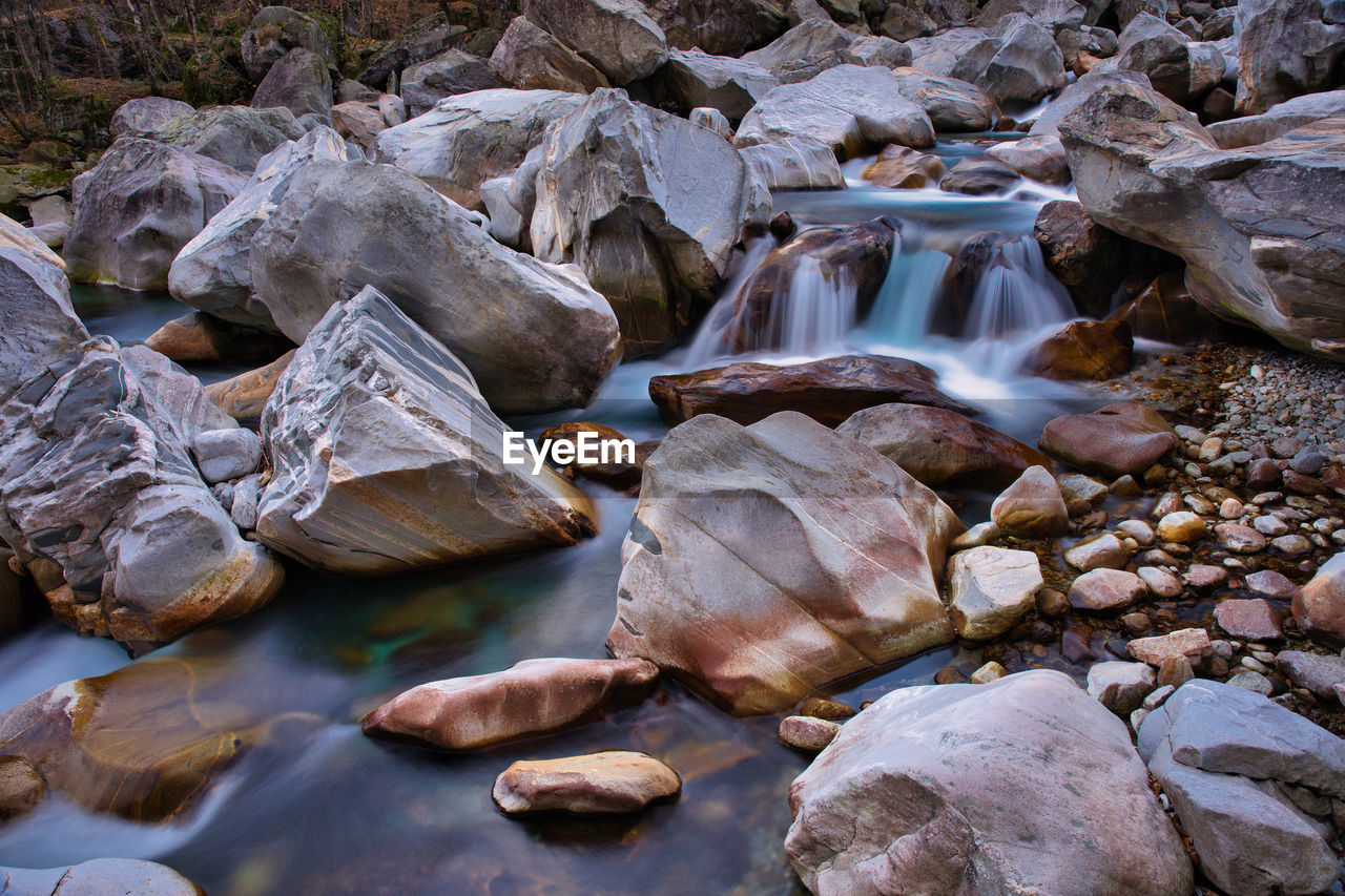 High angle view of rocks in river