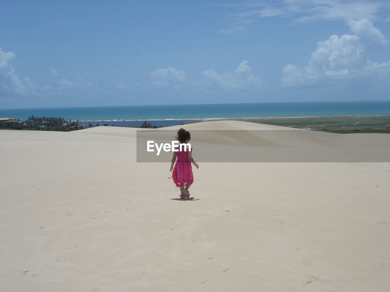 Rear view of little girl walking on sand at beach