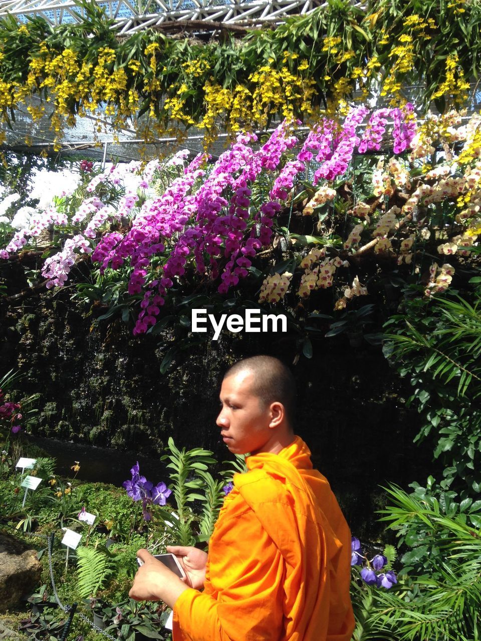 SIDE VIEW OF WOMAN STANDING AGAINST FLOWERING PLANTS