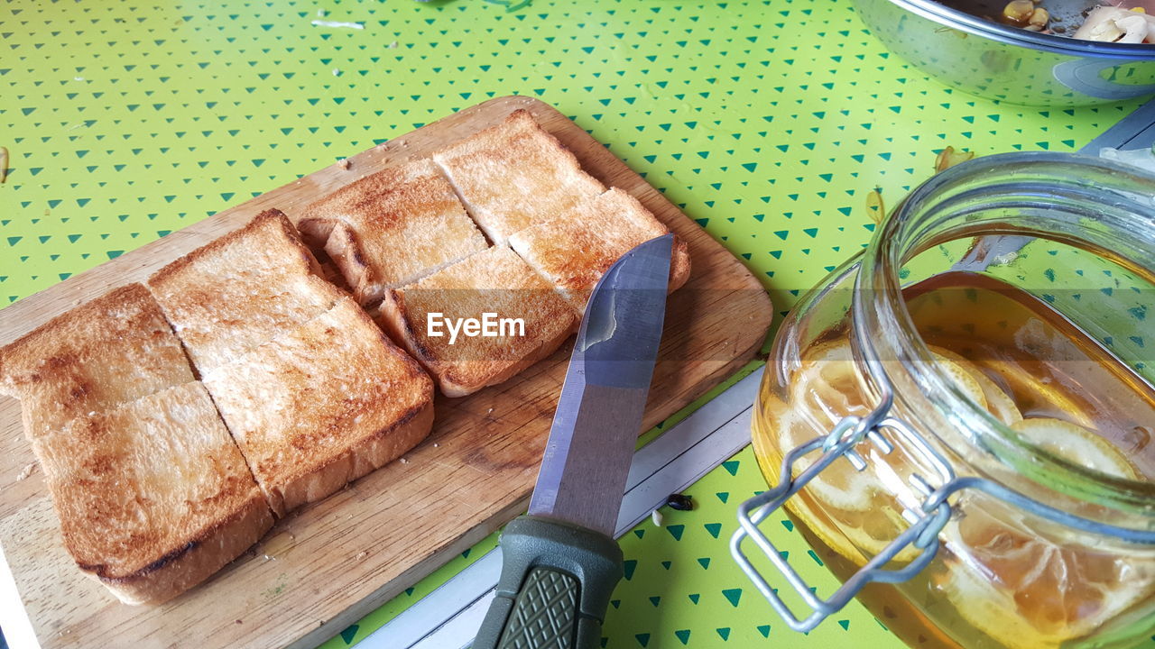 High angle view of bread on table