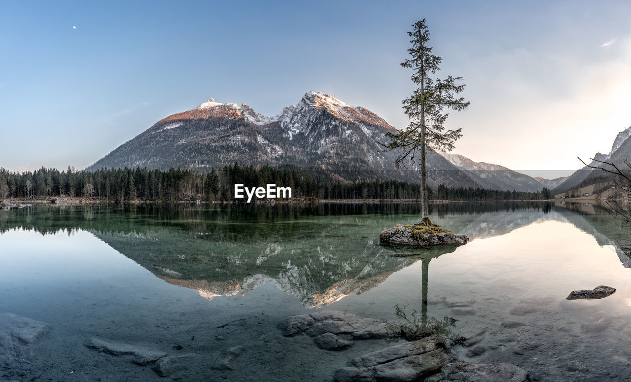 Scenic view of lake by trees against sky