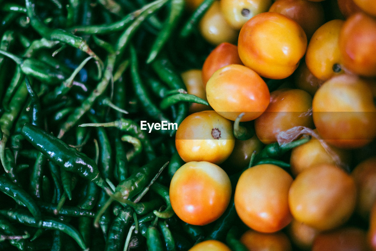 Close-up of tomatoes by green chili peppers