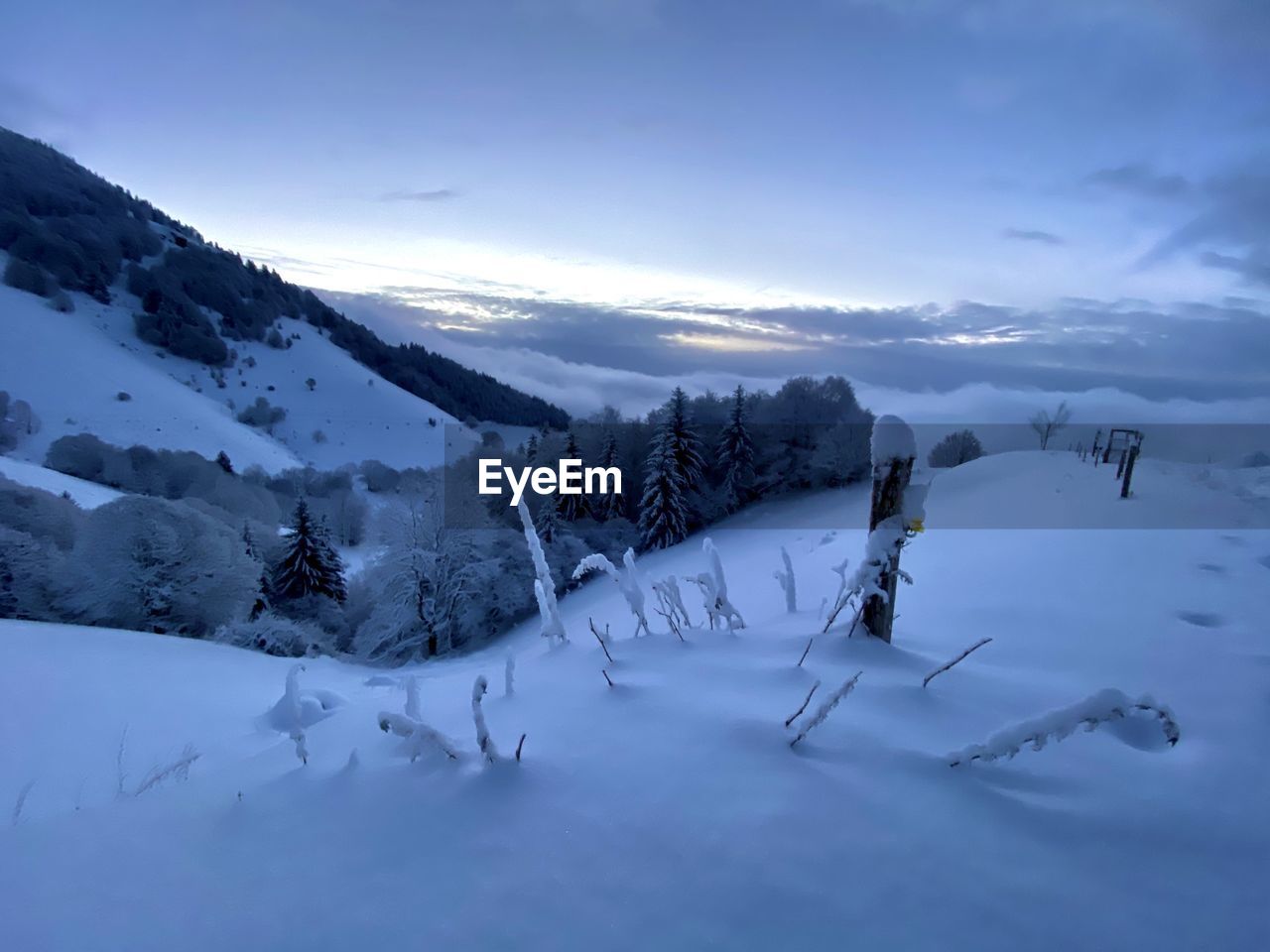 SNOW COVERED LAND AGAINST SKY