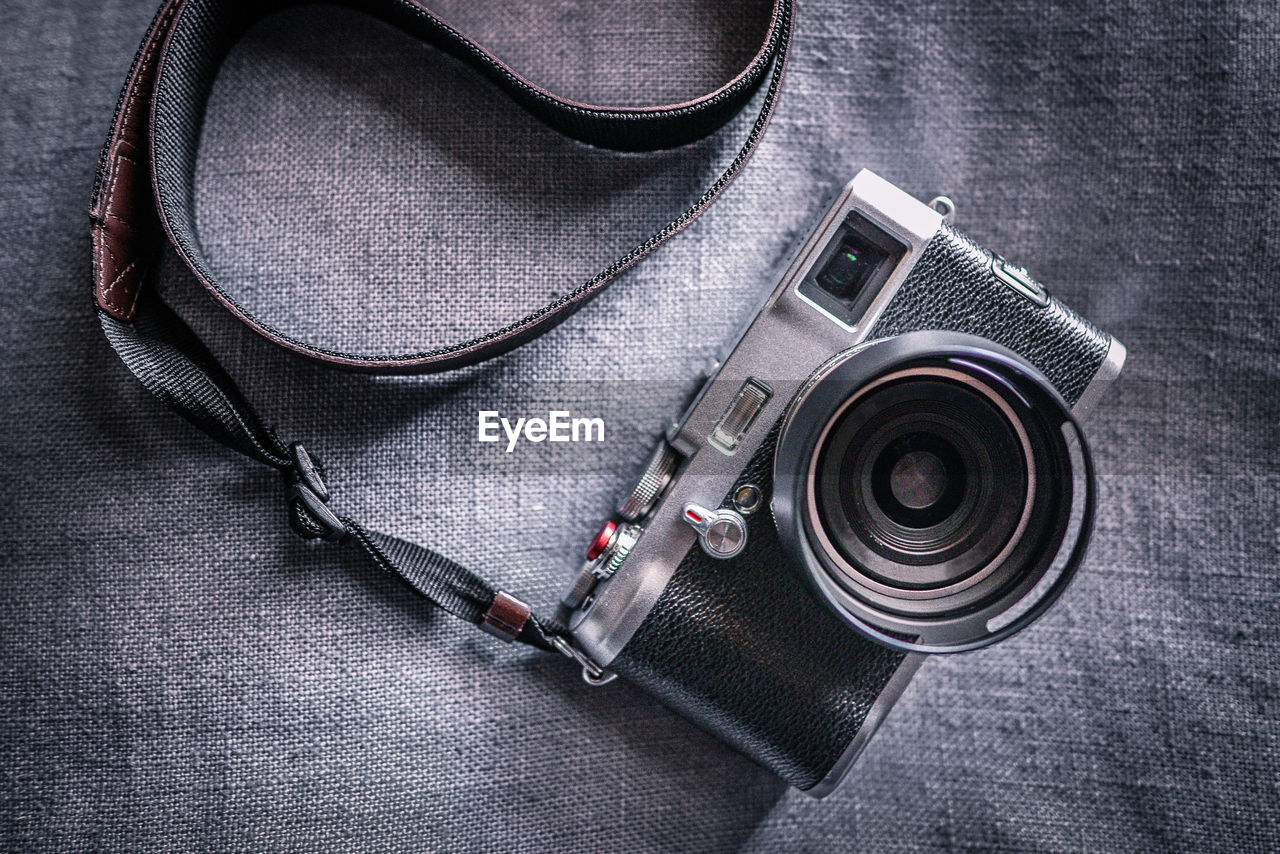 High angle view of camera on table