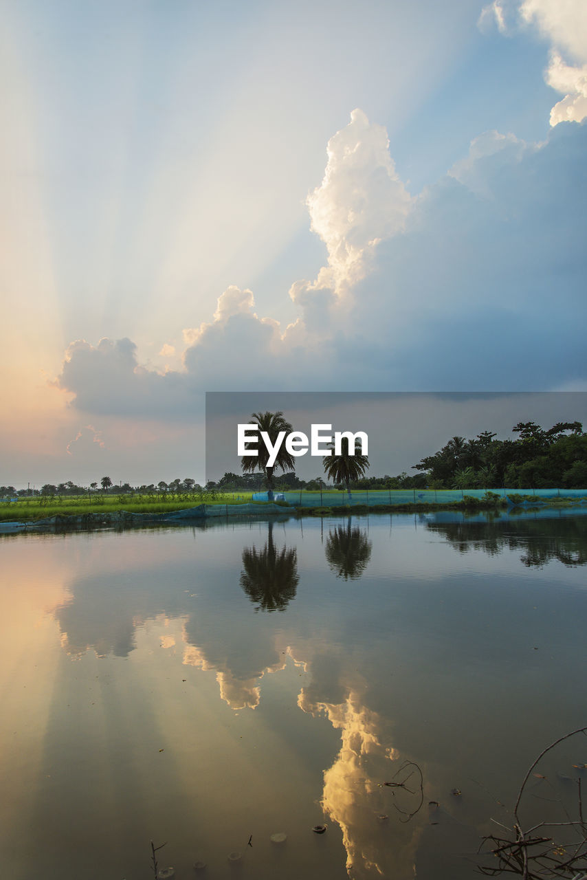 Scenic view of lake against sky at sunset