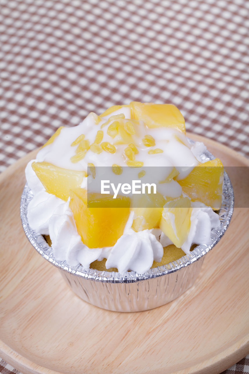 High angle view of cake in plate on table