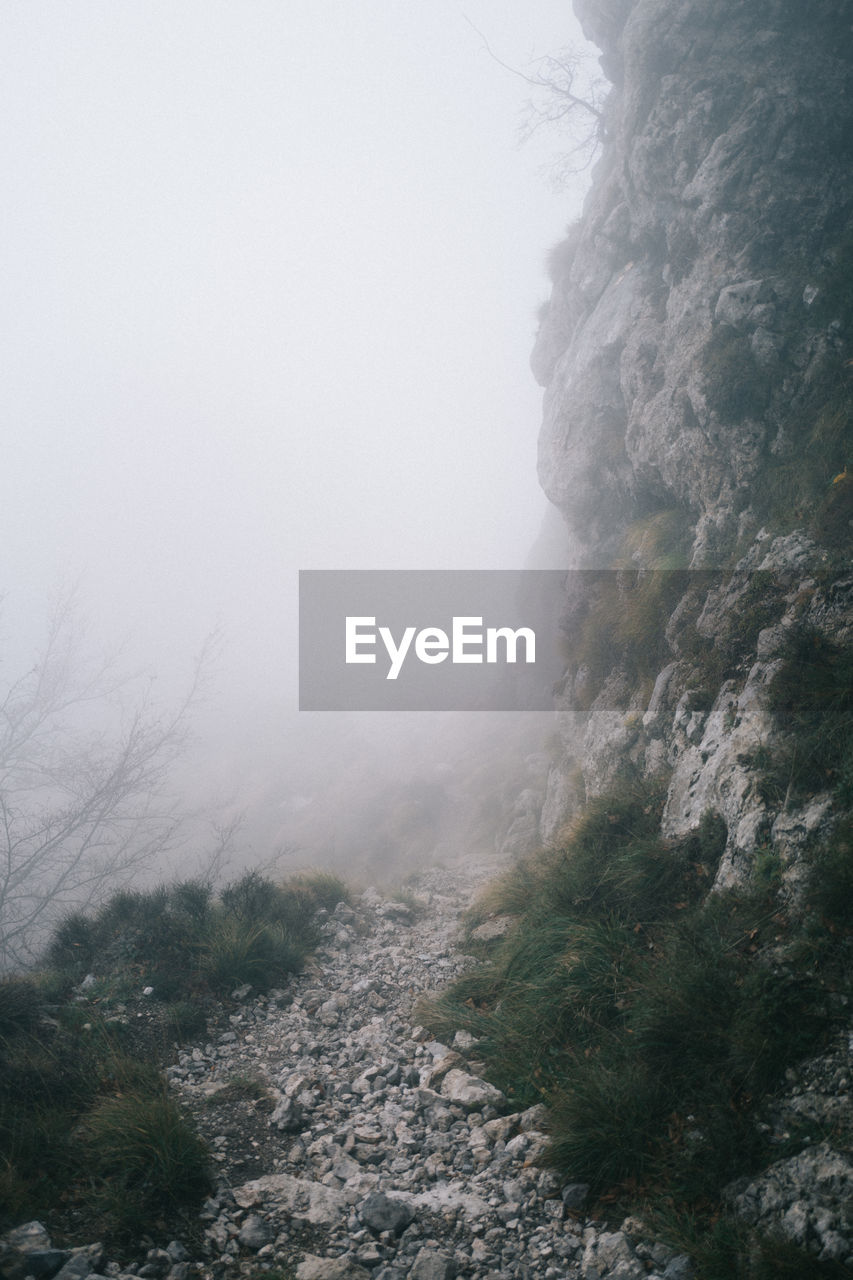Trail by rock during foggy weather