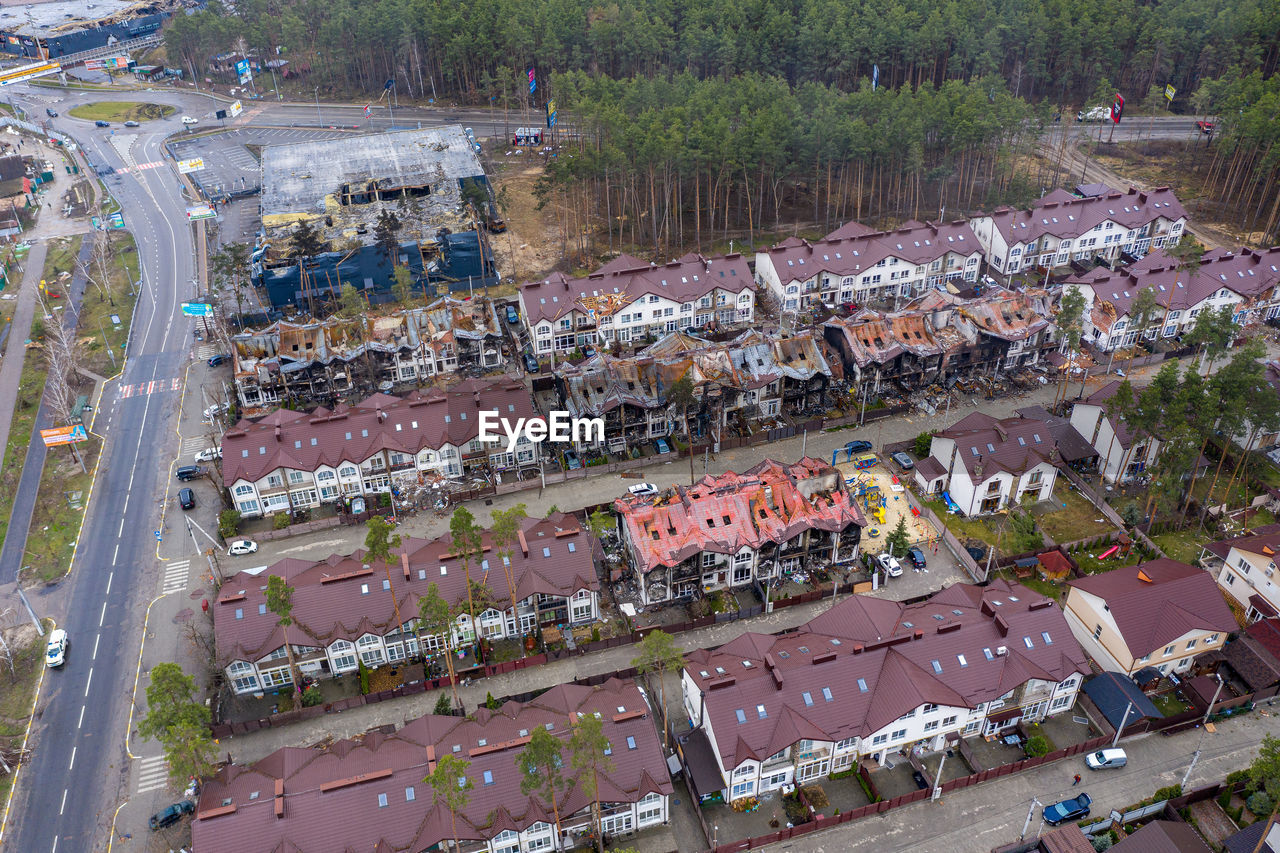 The aerial view of the destroyed and burnt buildings. the buildings were destroyed by rockets.