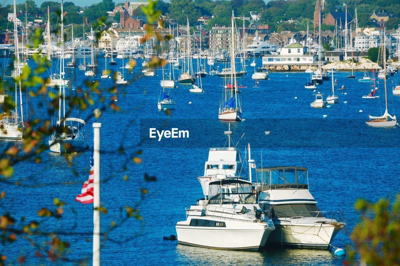 Sailboats moored on sea