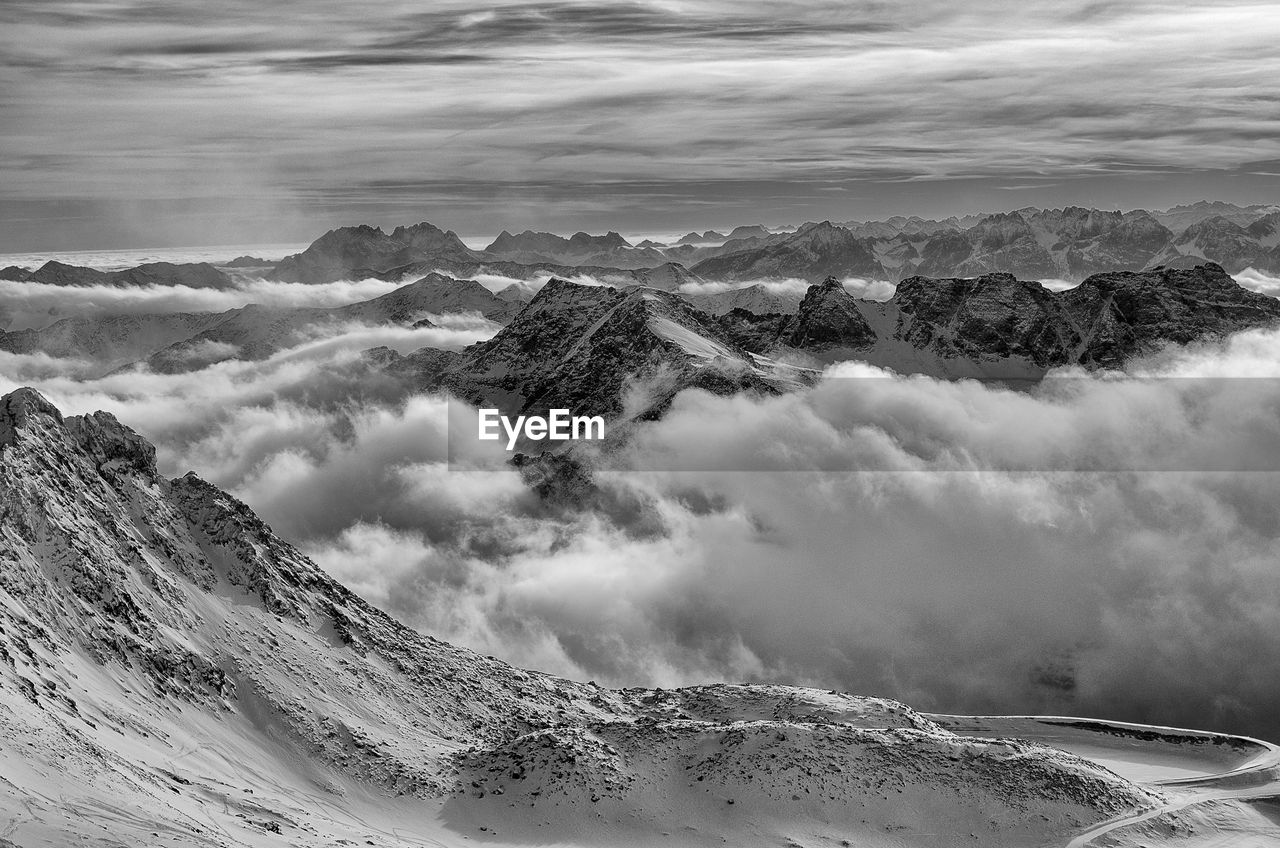 Scenic view of snowcapped mountain against cloudy sky