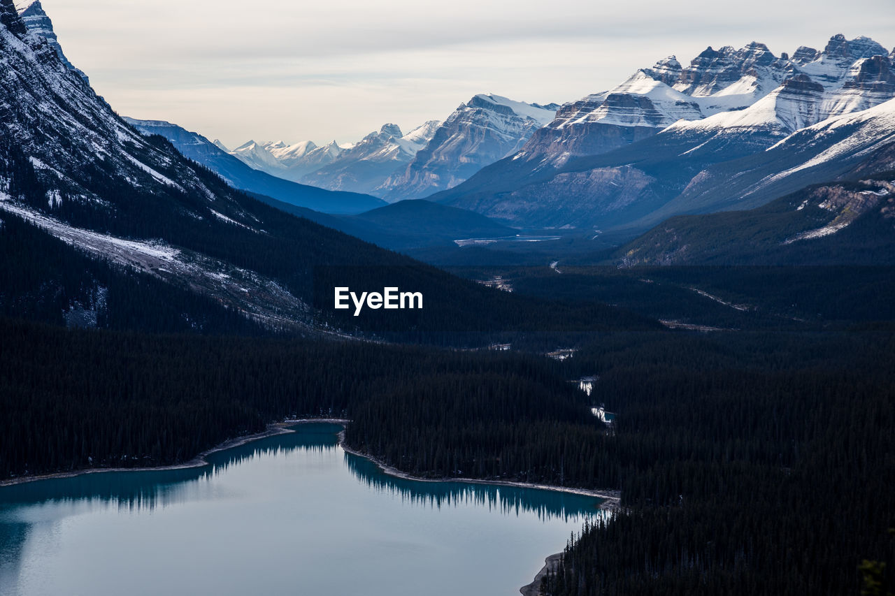 Scenic view of lake and snowcapped mountains against sky