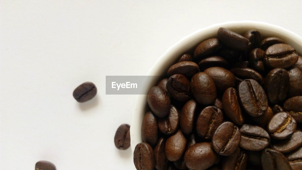 Directly above shot of coffee beans in bowl on table