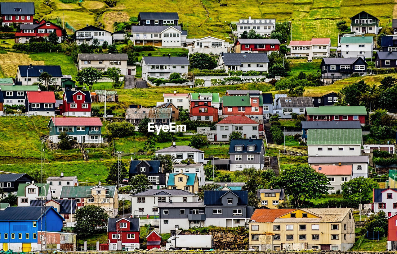 High angle view of buildings in city