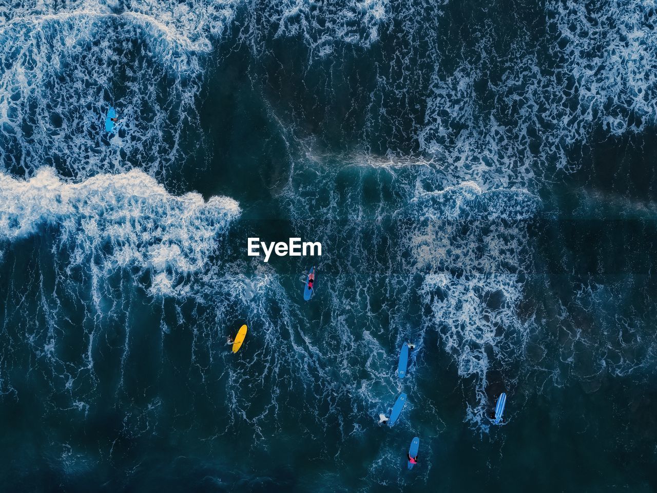 High angle view of people swimming and surfing in the sea