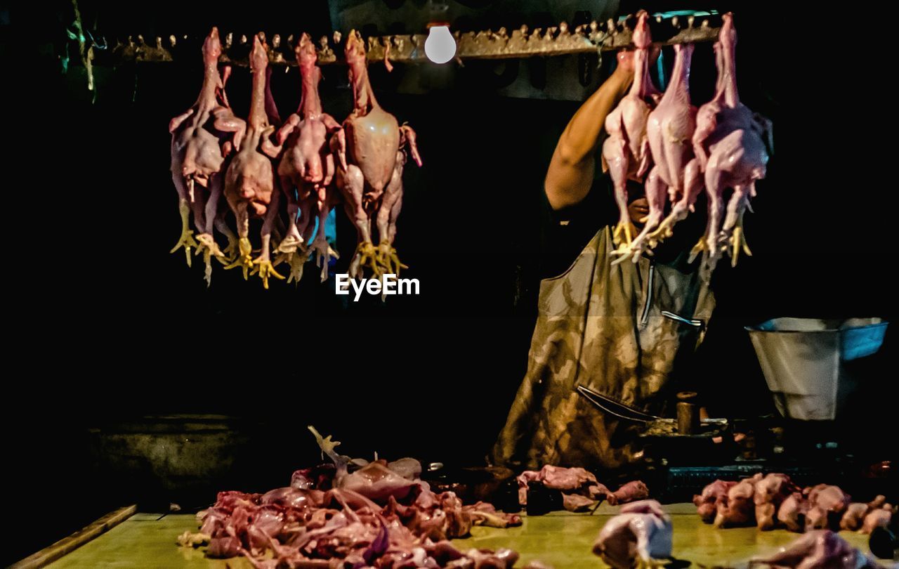 Meat hanging at market for sale