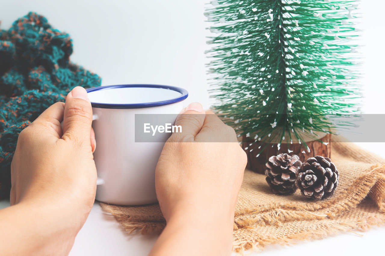 Cropped hands holding cup by christmas tree