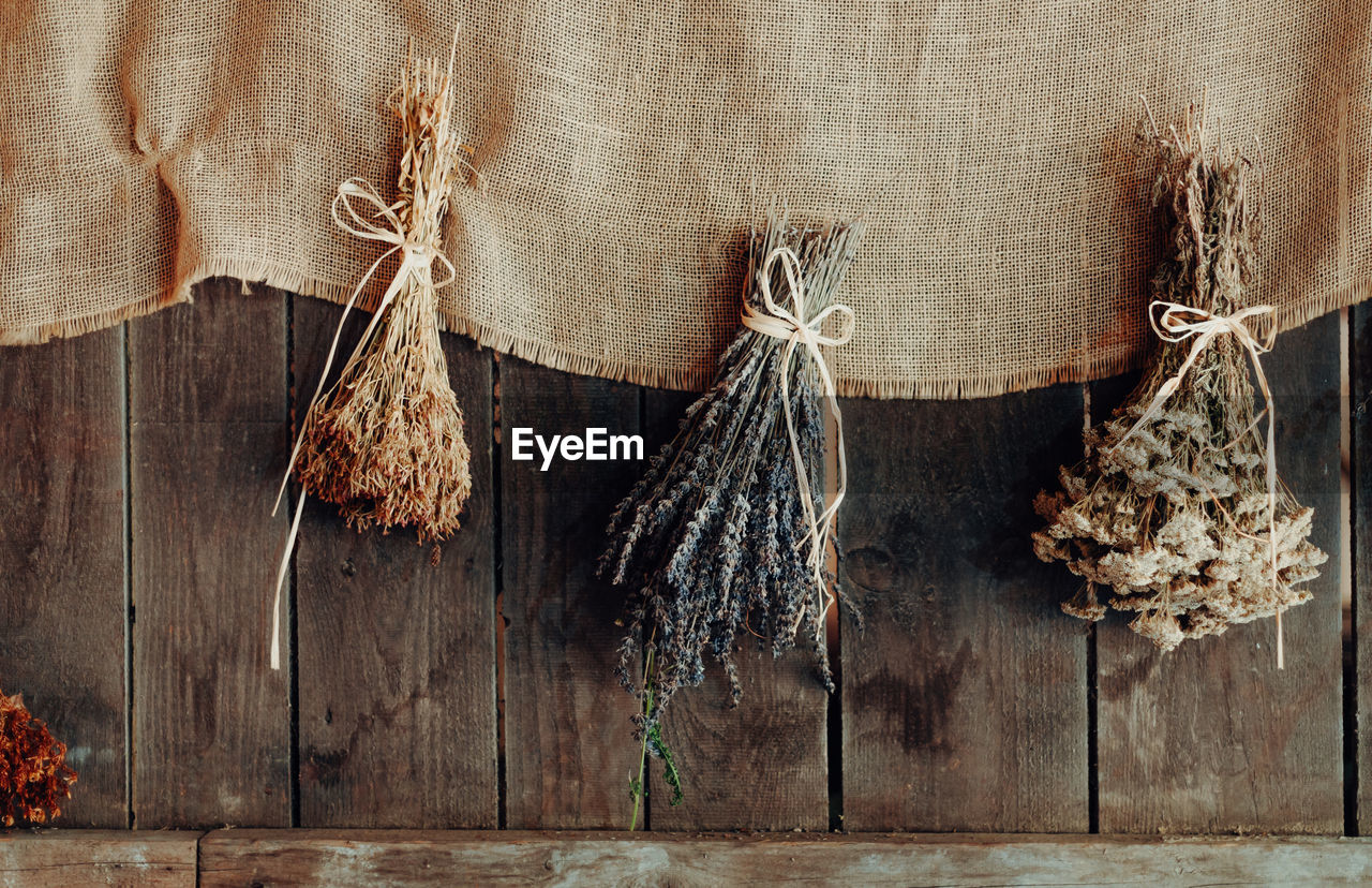 Various herbs hang to dry on a wooden wall