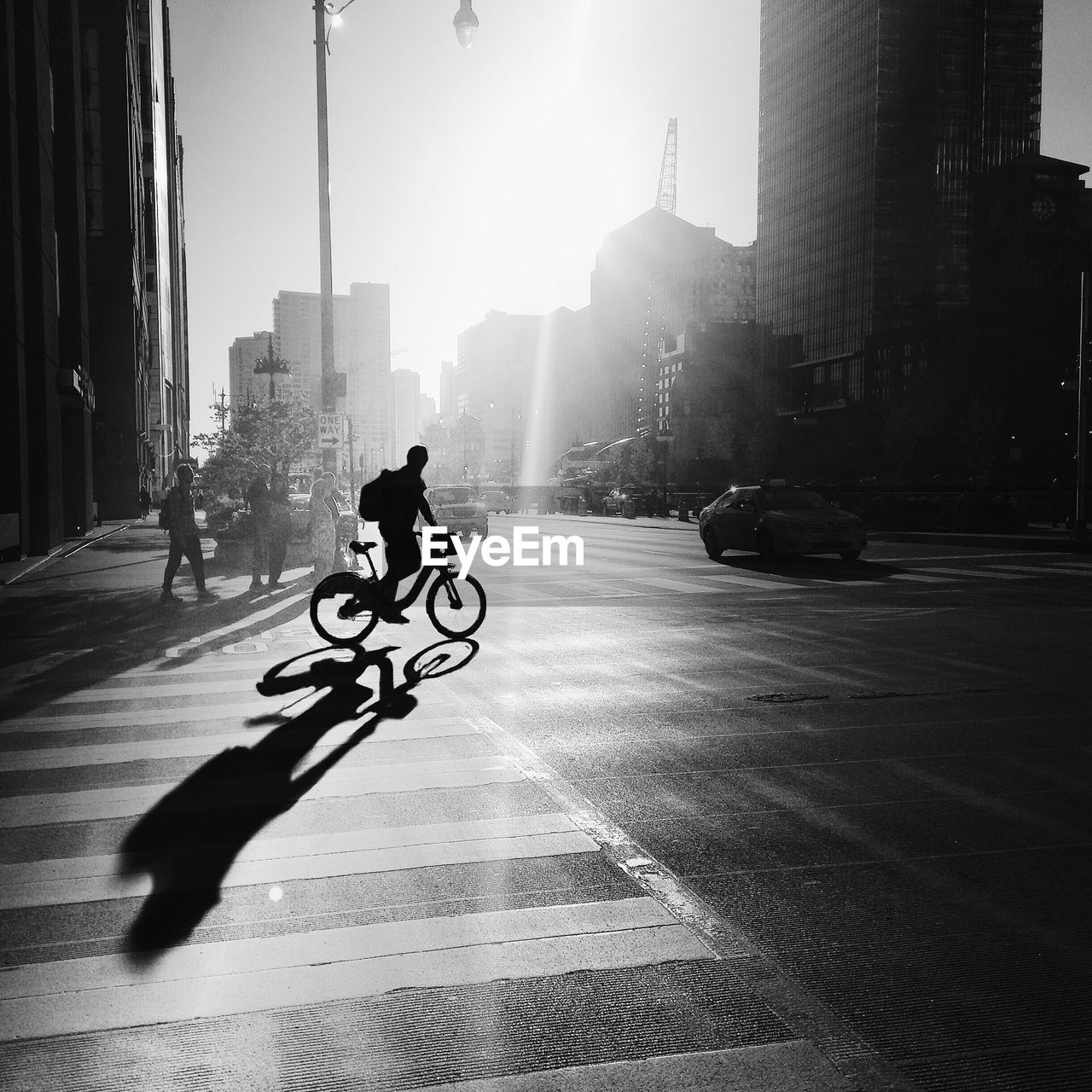 Silhouette of man with bicycle in city