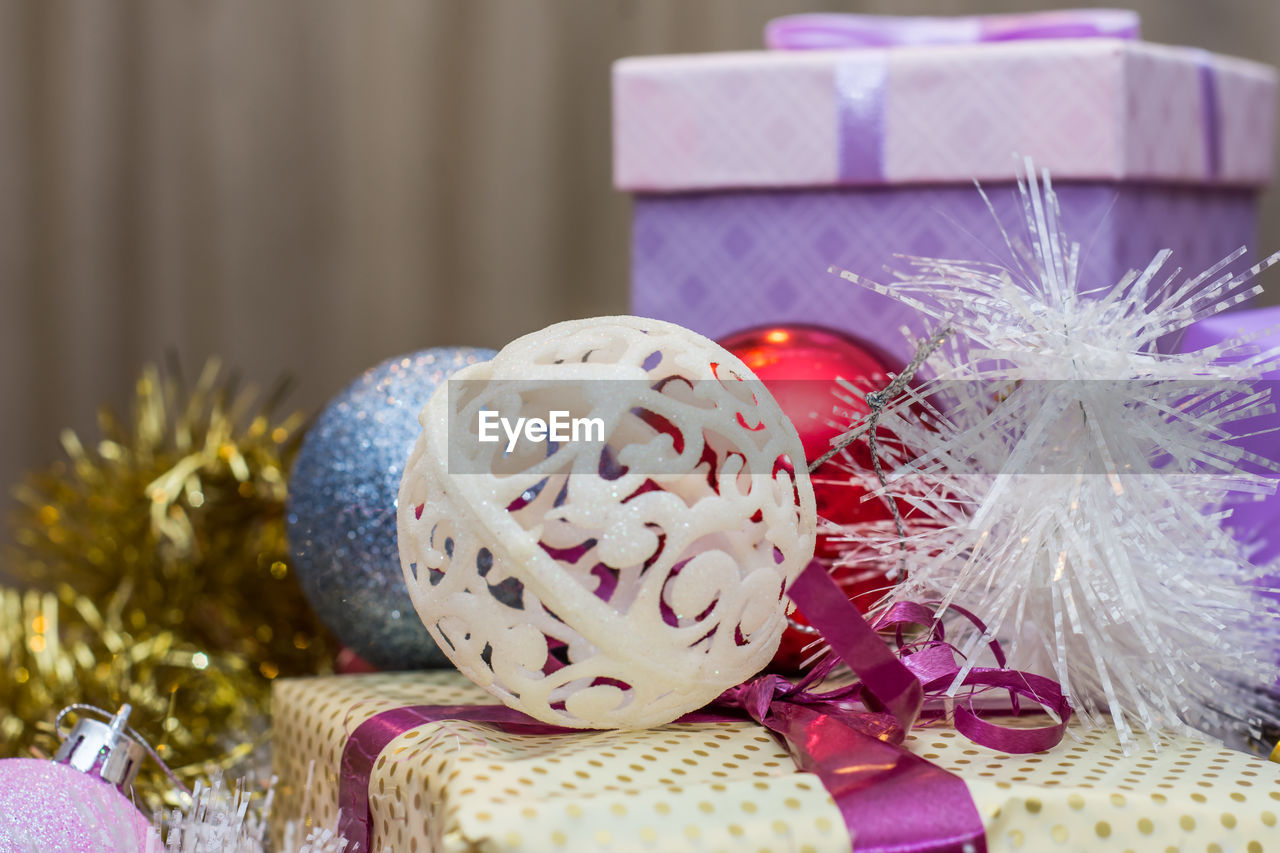 Close-up of christmas present on table