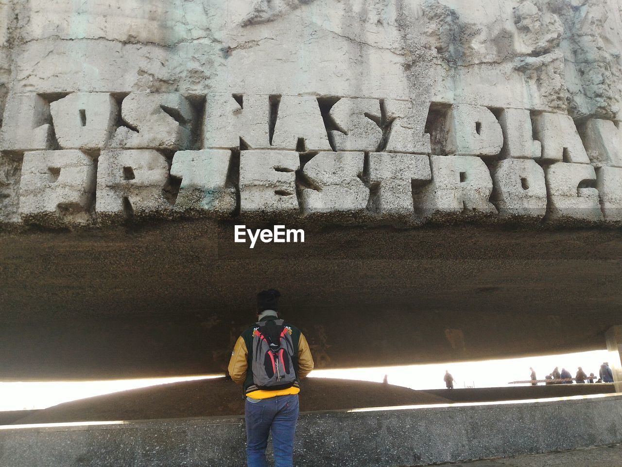 Rear view of backpack man standing below monument