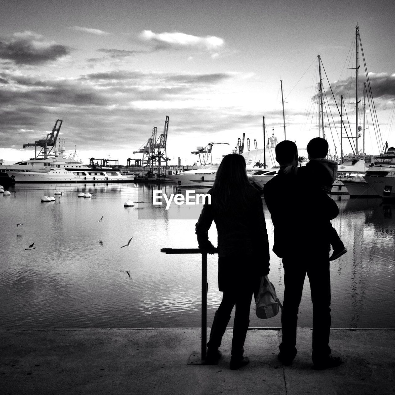 Rear view of family standing in front of yachts moored on sea