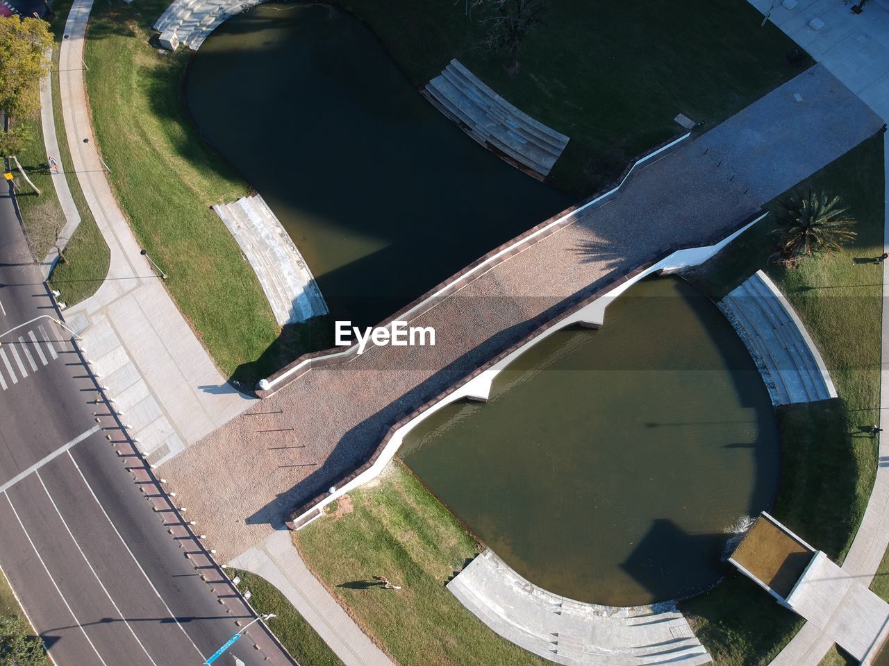 High angle view of road by lake