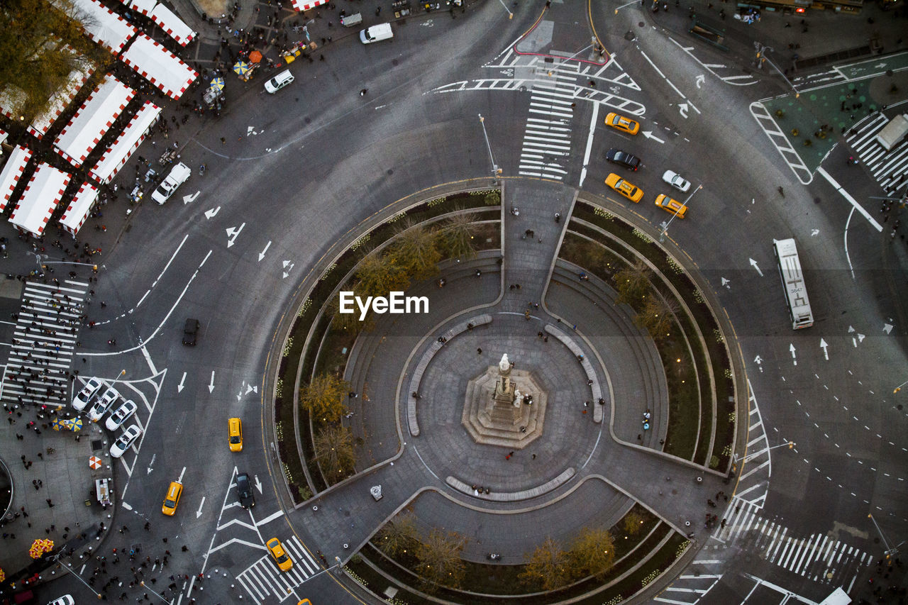 An aerial helicopter view of columbus circle in new york city.