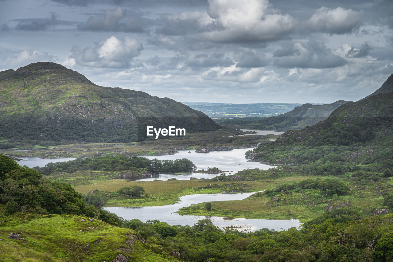 Ladies view, closeup on lakes, green valley and mountains, killarney, rink of kerry, ireland