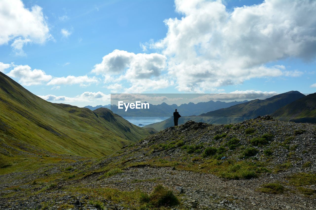 Rear view of man standing mountain