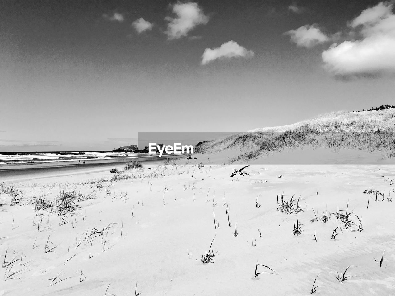 Scenic view of snow covered land against sky