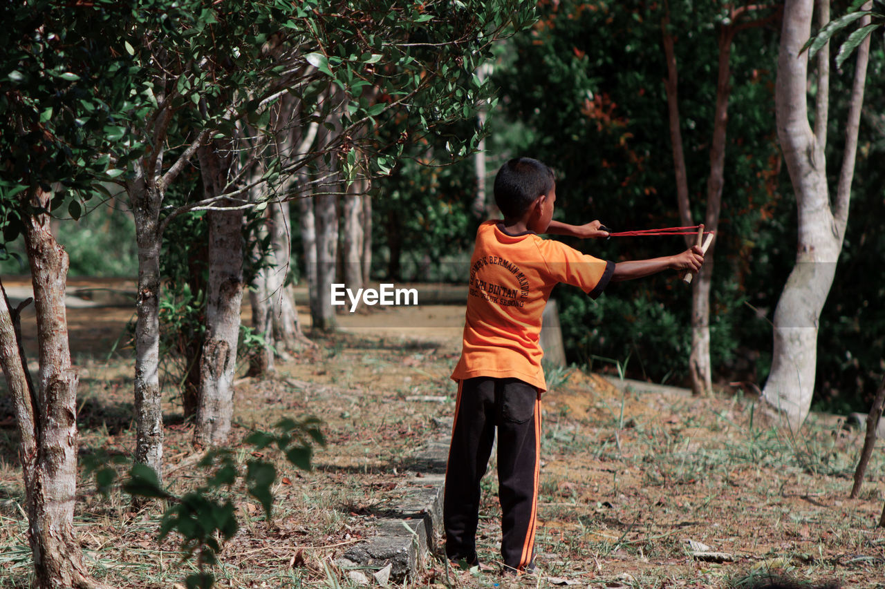 Rear view of man standing in forest