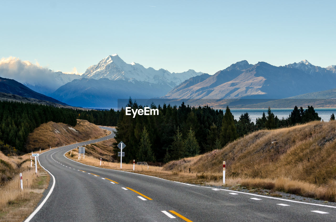 Road to mount cook national park with lake pukaki is beside.