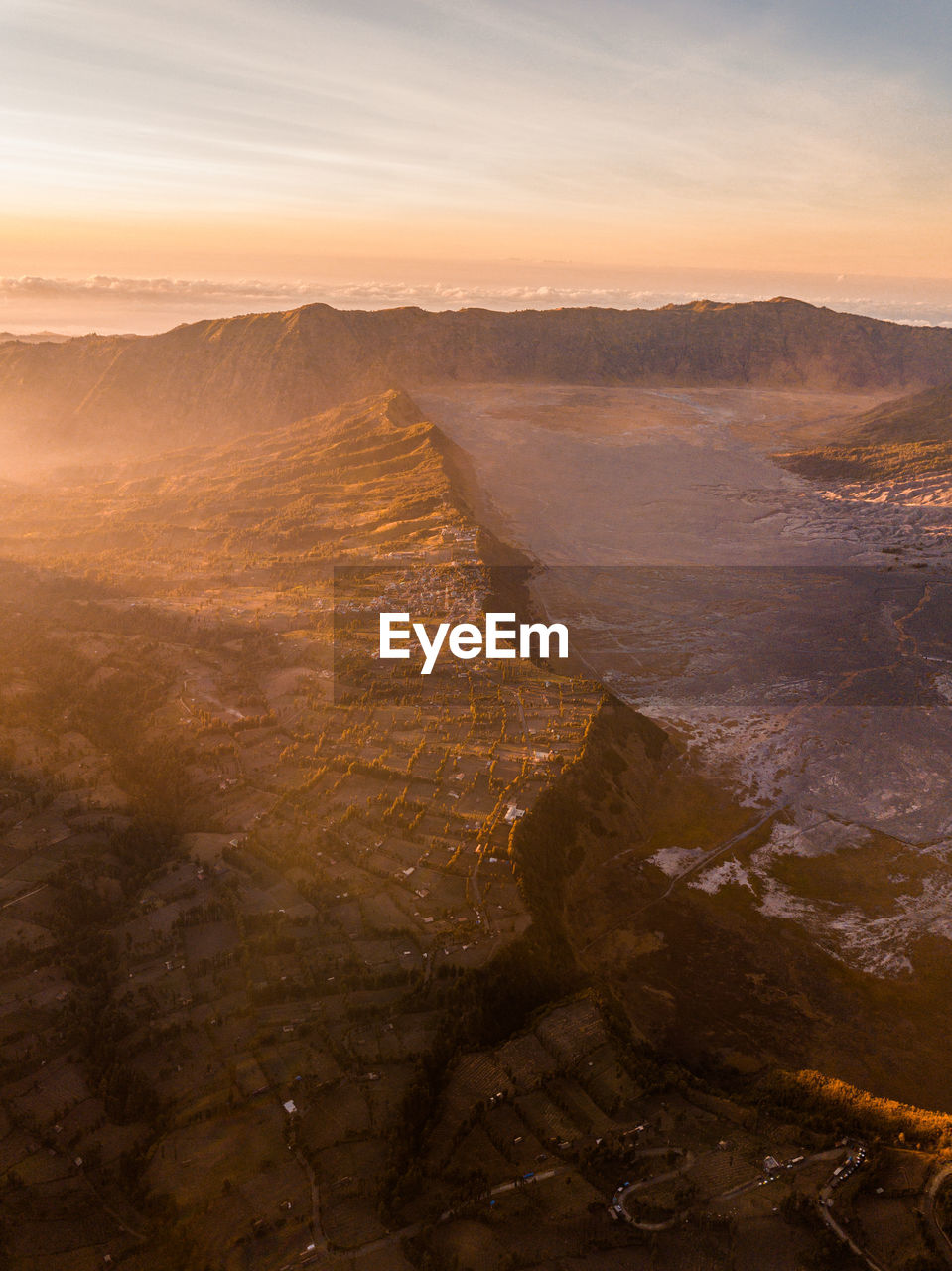 HIGH ANGLE VIEW OF LANDSCAPE DURING SUNSET