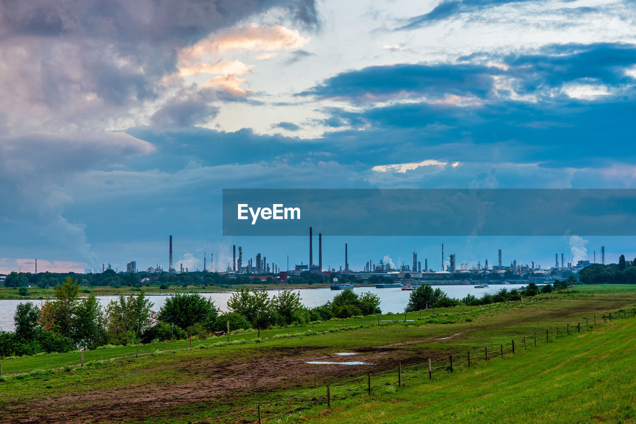 Panoramic view of a chemical factory on the rhine, germany.