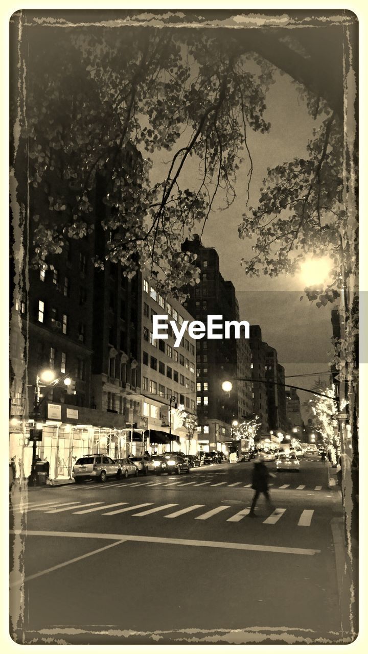 Illuminated city street against buildings