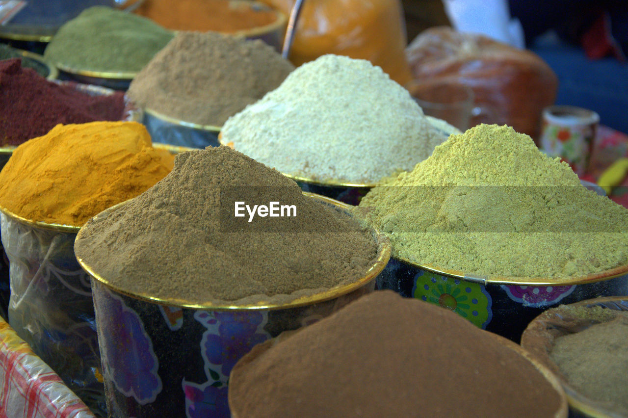 Close-up of various spices for sale at market