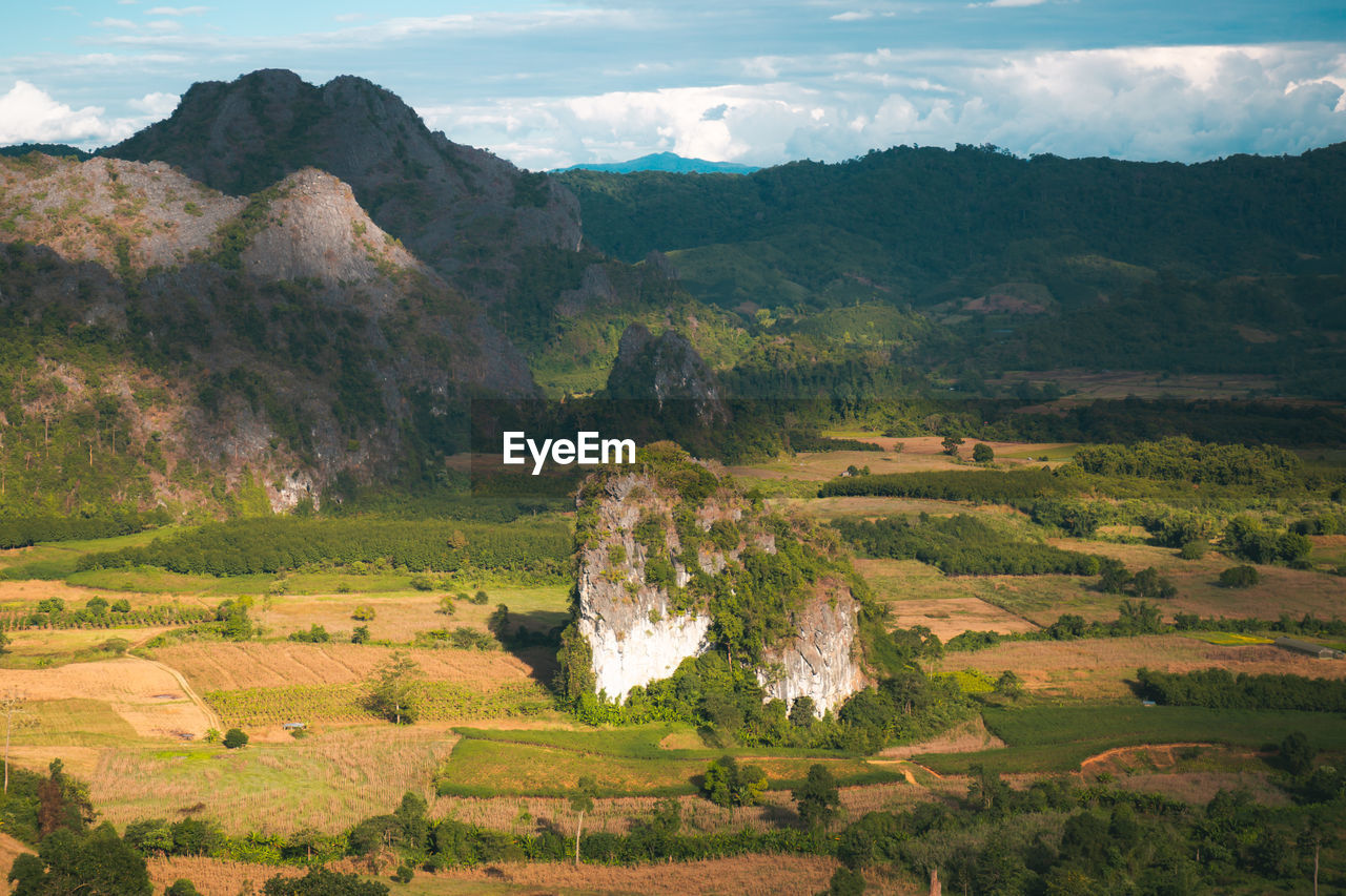 Scenic view of landscape and mountains against sky