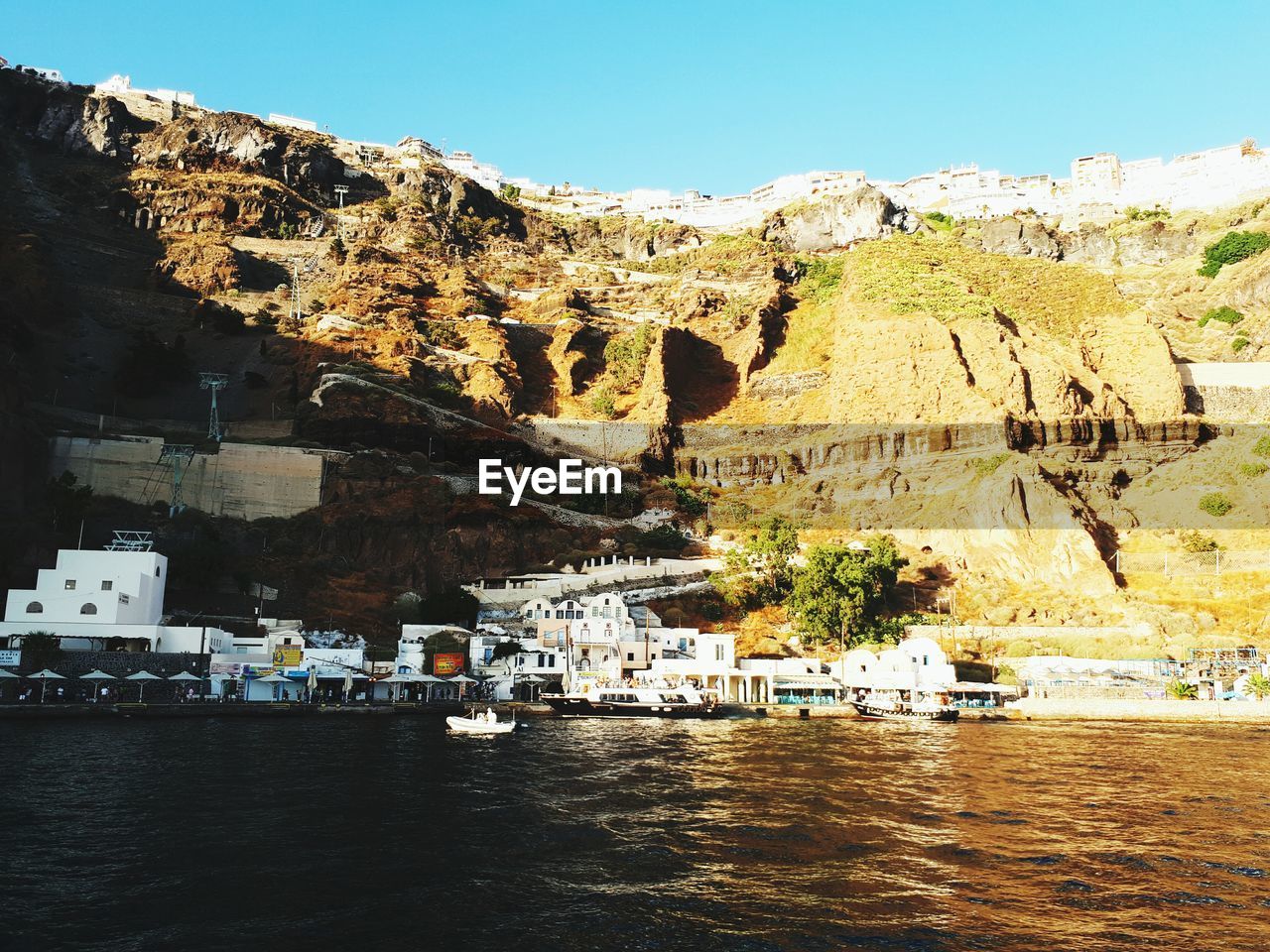 SCENIC VIEW OF SEA BY MOUNTAINS AGAINST CLEAR SKY