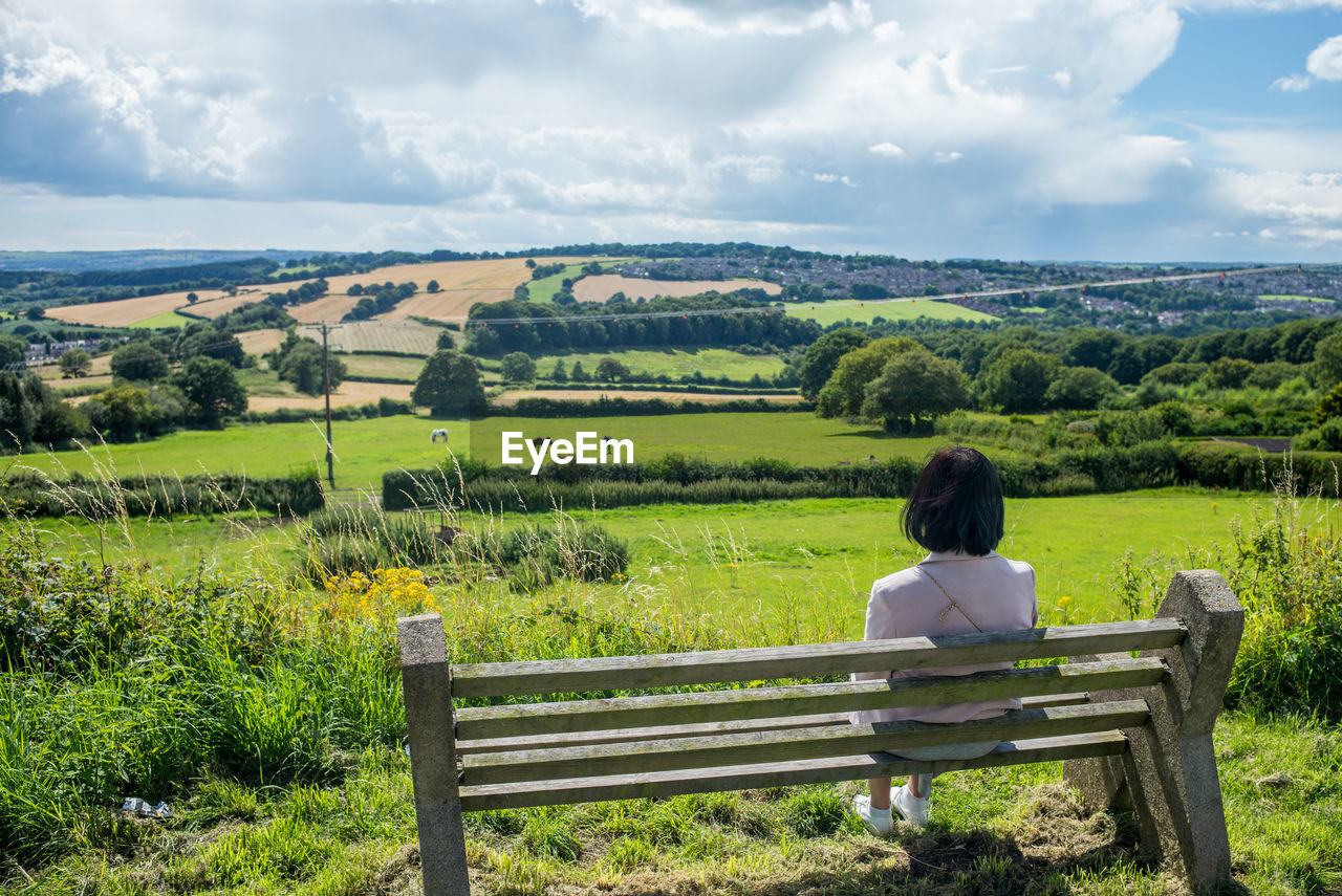 REAR VIEW OF WOMAN SITTING ON FIELD