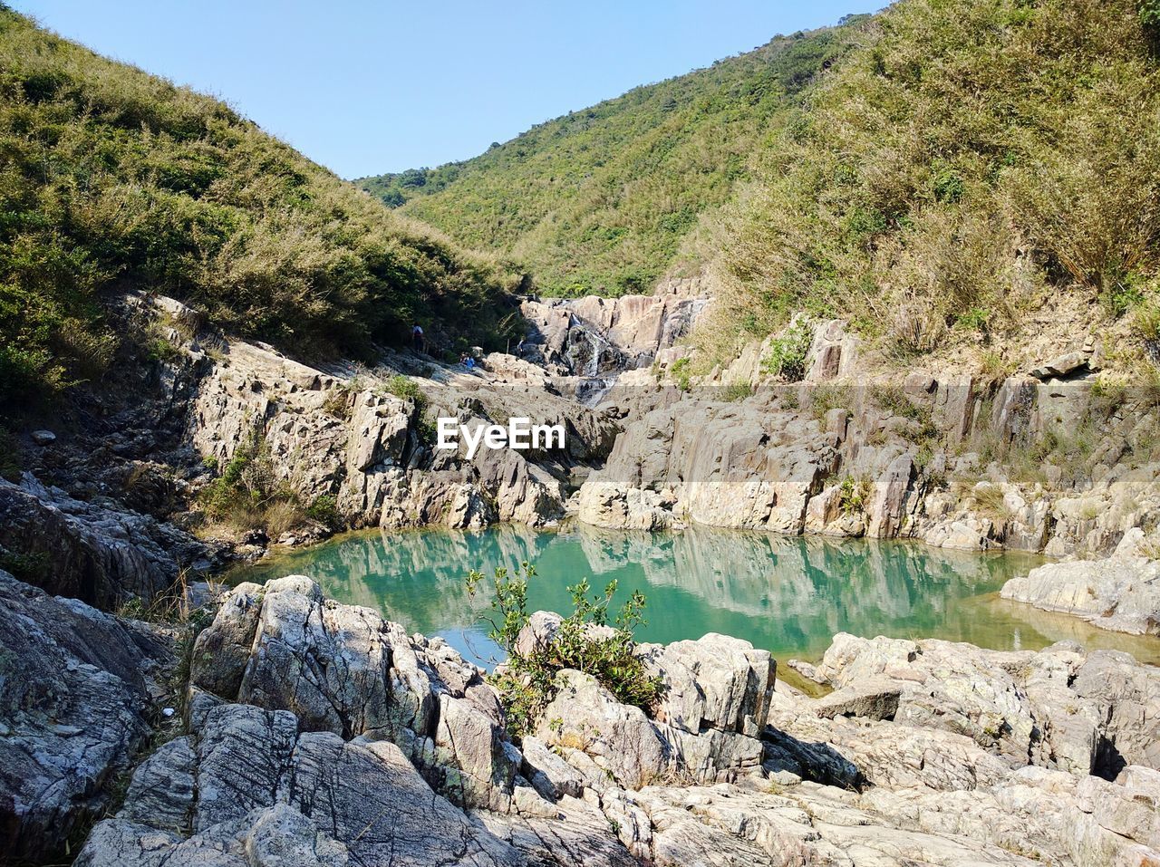 Scenic view of hot spring amongst rock formations