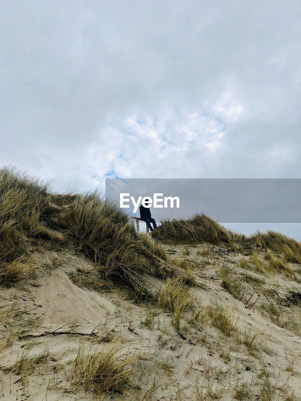 Distant view of man leaning on wood against sky