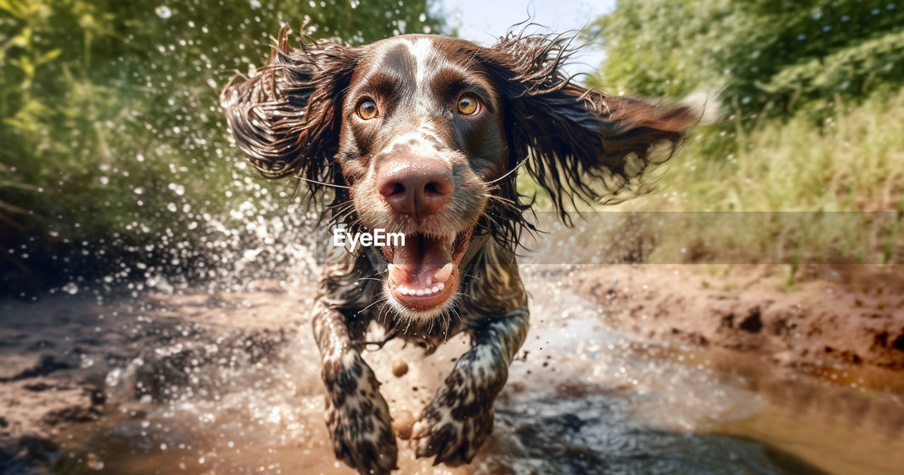 one animal, animal themes, animal, pet, canine, dog, mammal, domestic animals, water, wet, motion, nature, portrait, looking at camera, splashing, day, no people, outdoors, focus on foreground, sunlight, retriever, animal body part, drop, mouth open, setter
