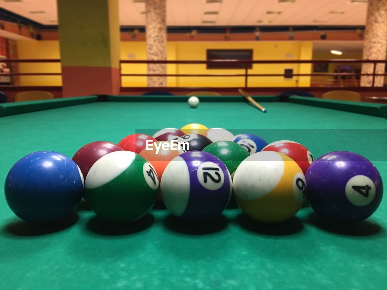 Close-up of multi colored balls on pool table