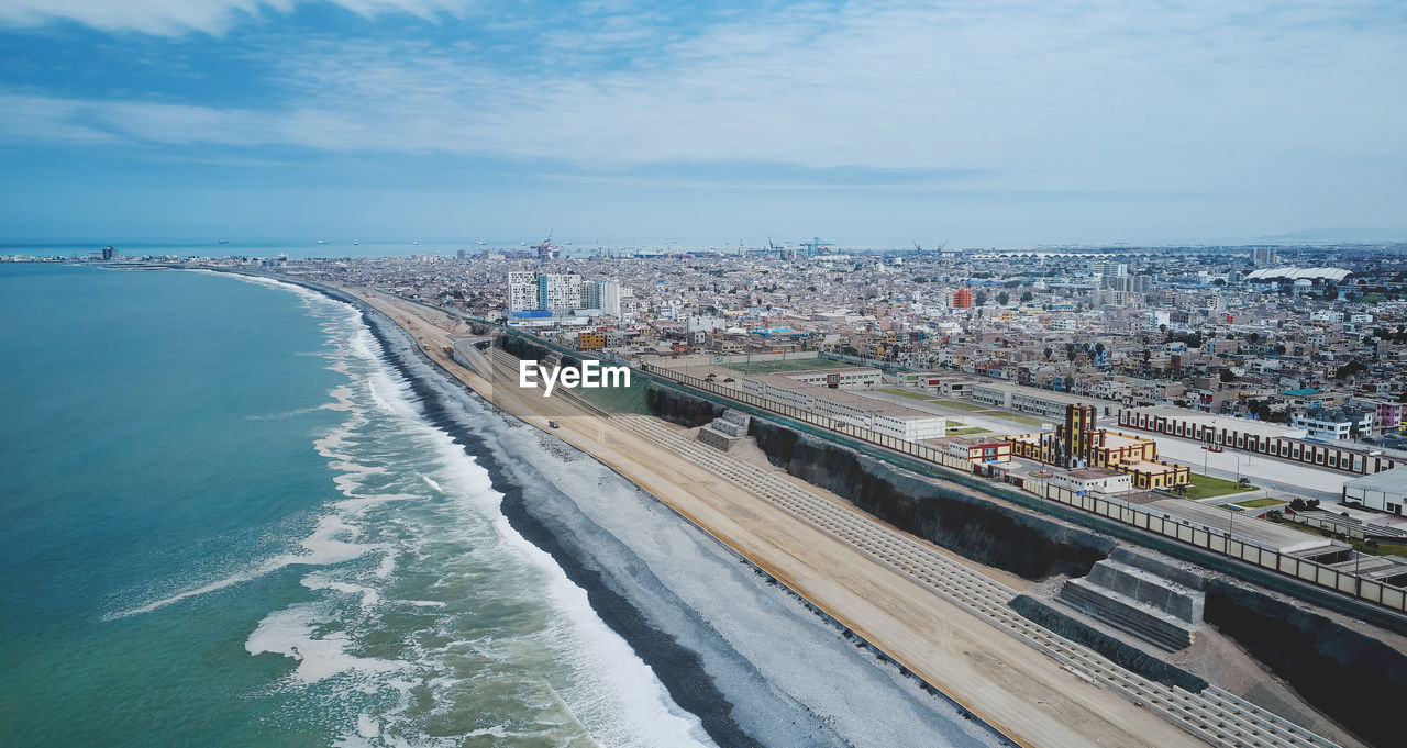Lima, peru. october, 2022. aerial view of construction of highway costa verde, la perla district.