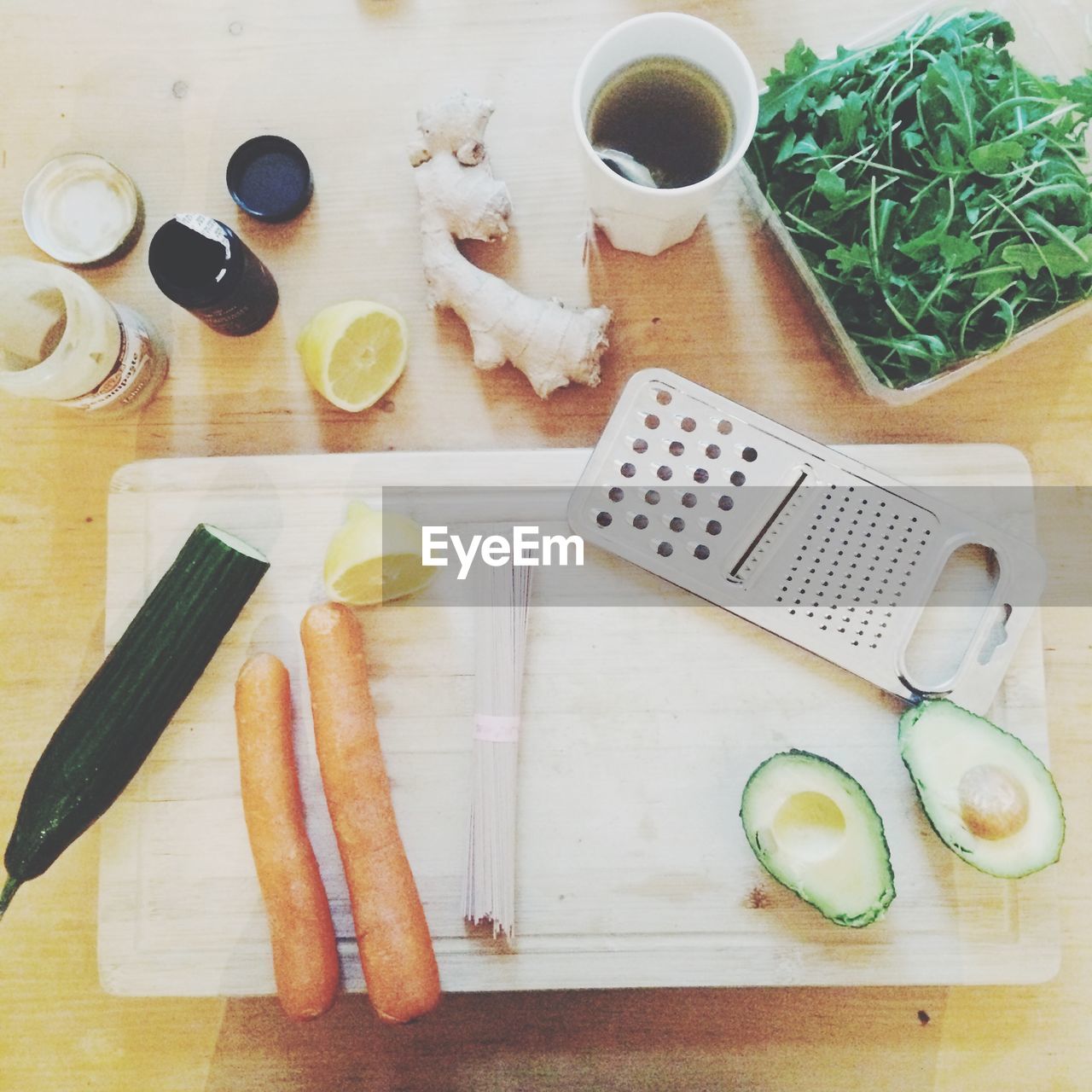 High angle view of vegetables on table in kitchen